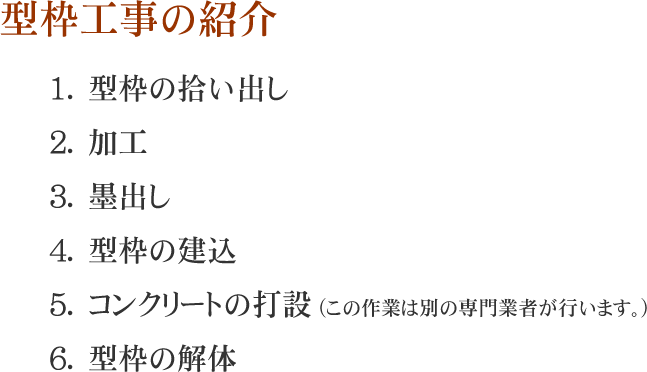 型枠工事の紹介 1.型枠の拾い出し 2.加工 3.墨出し 4.型枠の建込 5.コンクリートの打設 6.型枠の解体